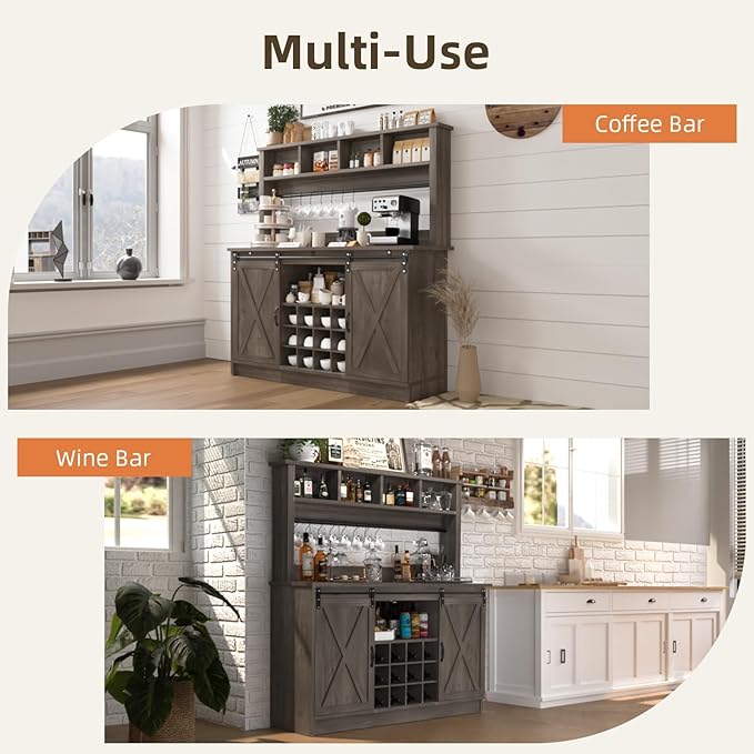 4ever2buy Farmhouse Coffee Bar Cabinet with 4 Storage Hutch, 55”Coffee Bar with Sliding Barn Doors, Hutch Cabinet with 12 Wine Racks & 8 Hooks for Dining Room, Kitchen, Wash Grey