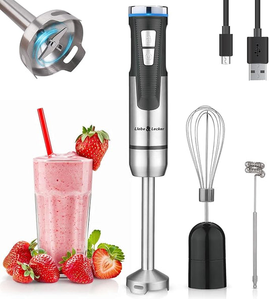 Liebe&Lecker Immersion Blender Handheld Cordless, 3 in 1 Cordless Hand Blender, 8 Speed Emulsion Blender Handheld with Whisk Milk Frother for Soup Smoothie
