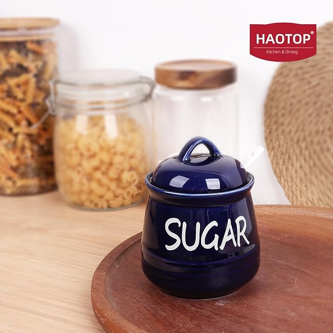 HAOTOP Porcelain Sugar Bowl with Lid and Spoon 12 oz (Navy)