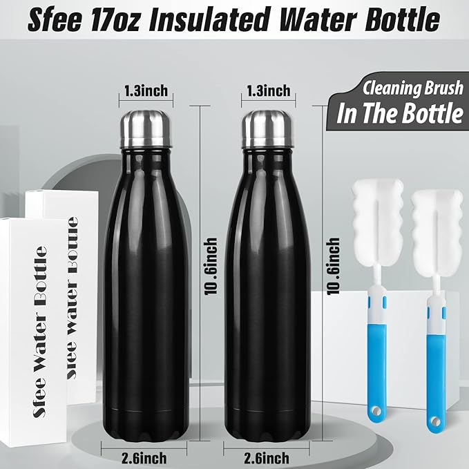 Sfee Insulated Water Bottle, 17 oz Stainless Steel Water Bottles, Double Wall Vacuum Reusable Water Bottles Leak Proof BPA-FREE Sports Bottle Cup Keep Hot&Cold for Running Gym Workout Cycling Kids