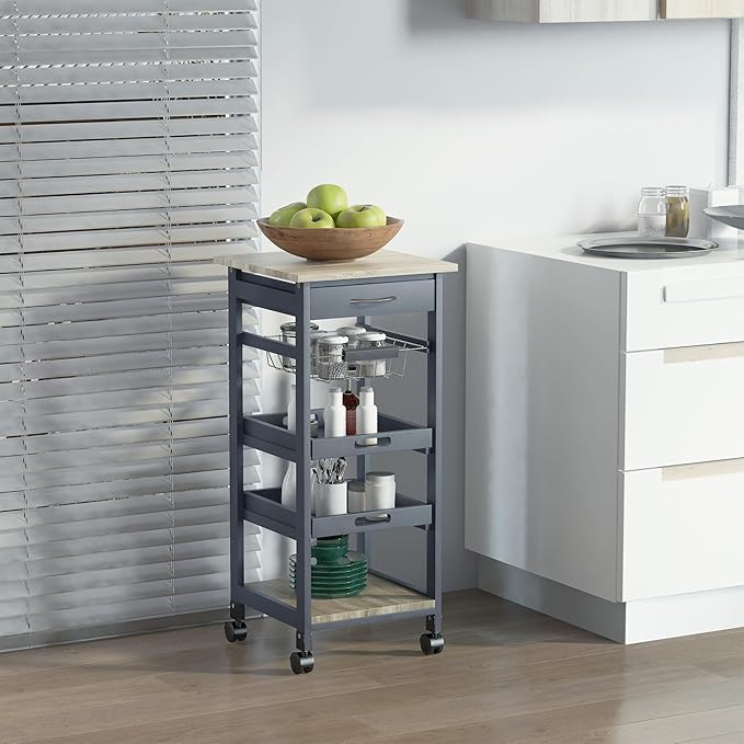 HOMCOM Mobile Kitchen Cart, Rolling Kitchen Island with Storage, Solid Wood Frame Utility Cart with Wire Fruit Baskets, Trays and Drawer, Gray