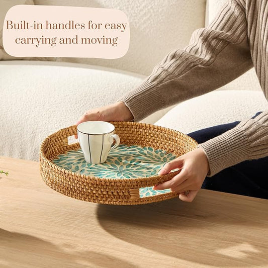 YANGQIHOME Round Rattan Tray with Handle, Mother of Pearl Inlay Decorative Wicker Basket for Coffee, Bread, Fruits, Serving Tray for Home Decor, Blue Flower