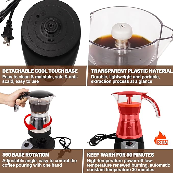 Electric Moka Pot 6 Cup 300ml Plastic Transparent Stovetop Espresso Maker Portable Stainless Steel Mocha Pot Percolator Italian Coffee Makers Greca Machine Cafe Classic for Home Camping
