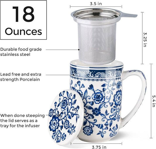 AmorArc Porcelain Tea Mug with Infuser and Lids, 18 Oz Coffee Cup Strainer with Bag Holder for Loose Leaf Tea, Steeping Coffee Mug for House-warming Wedding Birthday Gift
