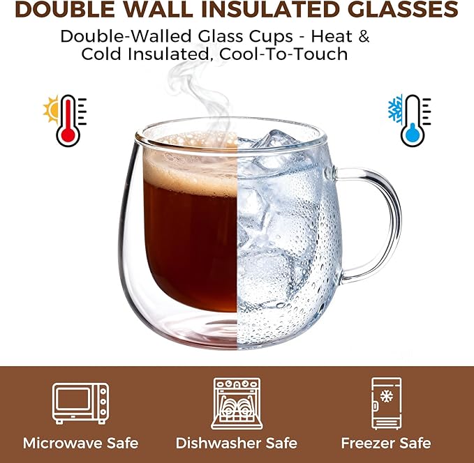 Double Wall Insulated Latte Glasses 10oz with Handle - Set of 4, Clear Glass Mugs for Cappuccino, Espresso, Tea & Hot Drinks