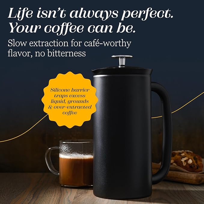 ESPRO P7 French Press Stainless Steel 304 – Patented Double Walled Micro-Filter Insulated French Press Coffee Maker, Grit-Free Brew - Heat Resistant BPA Free - Matte Black (18oz)