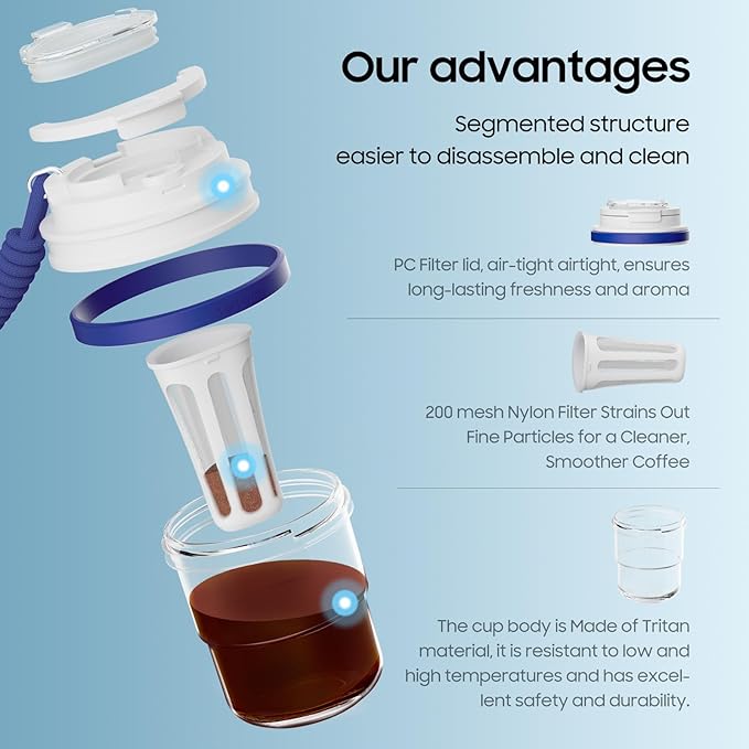 MHW-3BOMBER Cold Brew Coffee Maker Crossbody Portable 18oz - Iced Coffee Mug Tea Brewer Pitcher with Filter - Travel Coffee Tumbler for Gifts Car Office Gym, Blue M5772BL-OS