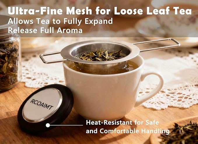 Tea Infuser for Loose Leaf Tea, 2 Pack Stainless Steel Tea Strainer with Long Foldable Handle, Fine Mesh Tea Filter for Teapots, Mugs, Cups & Coffee