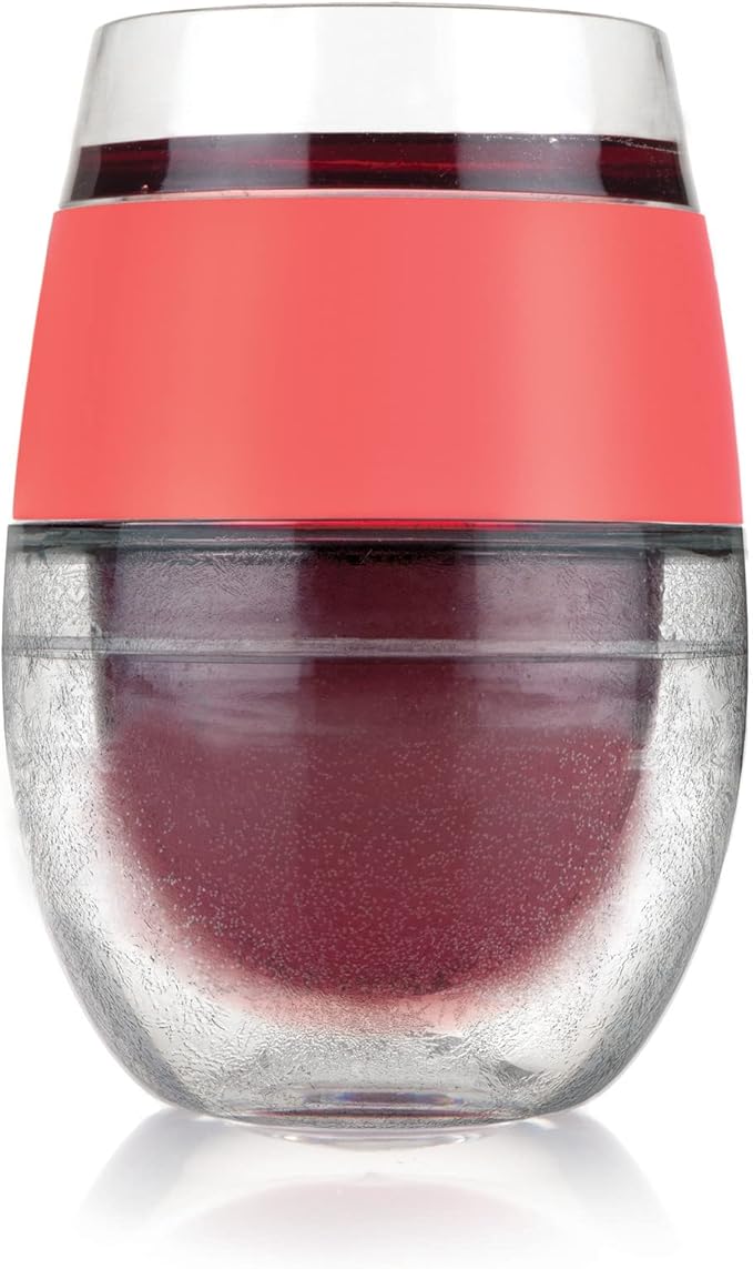 Host Cooling Wine Freeze Cup with Lid, Set of 2 Plastic Double Wall Insulated Wine Tumbler Drink Cups with Freezing Gel for Red and White Wine, Coral