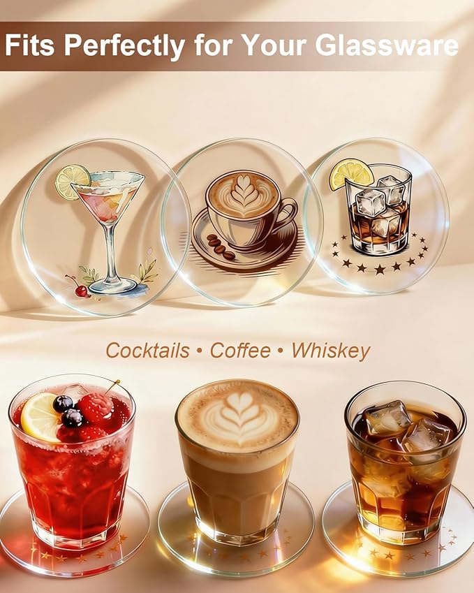 Acrylic Coasters Set of 4, Bar Drink Coasters for Cocktails, Whiskey, Coffee, Clear Modern Drink Coasters for Home Bar, Coffee Table & Office Desk, Cold Drinks, Office Decor, Non-Scratch & Easy Clean