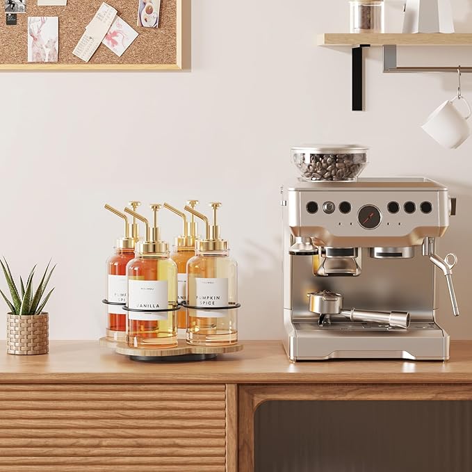 THYGIFTREE Rotating Coffee Syrup Organizer 4 Bottles Syrup Rack for Countertop Wood Bottle Holder Stand for Coffee Bar Station, Wood