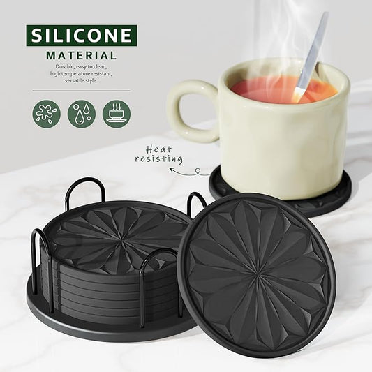 Coasters Set of 8 for Drinks with Holder, 4" Large Silicone Coasters for Coffee Table, Deep Tray Non-Slip Drink Coasters for Table Protection, Heat Resistant & Dishwasher Safe, Black