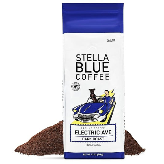 Stella Blue Ground Coffee, Electric Avenue Blend, Dark Roast, Fresh Coffee Ground 100% Arabica, Smooth Balanced Roast with Distinct Flavor Notes, Ethically Sourced Coffee Beans, 12 oz Bag
