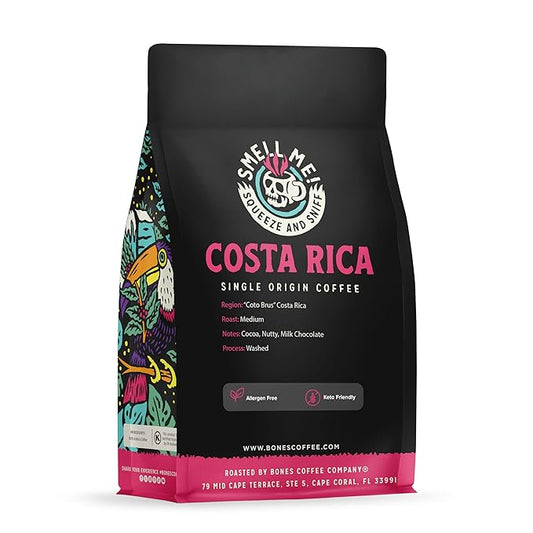 Bones Coffee Company Costa Rica Single-Origin, Cocoa, Nutty and Milk Chocolate Notes, Ground Coffee Beans, Low Acid Medium Roast Arabica Beans Flavored Coffee for Auto drip Coffee Maker, 12 oz Ground