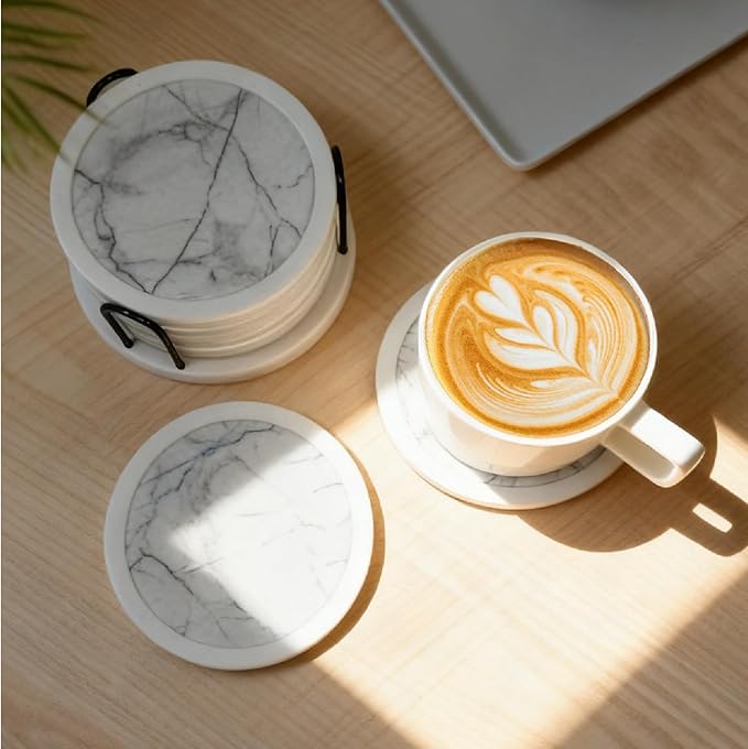 Set of 6 Non-Slip Silicone Coasters with Holder, Double-Sided Absorbent for Hot/Cold Drinks, Scratch & Water Ring Protection for Wood Tables, Home Office Bar, Black Gold Marble (White)