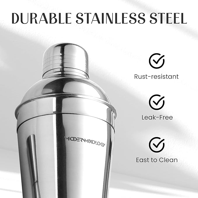 Modern Mixology Cocktail Shaker Set - 8 Piece Bartender Kit on Quality Pine Stand | Complete Cocktail Kit Gift Set | Top Bartender Gifts for Men | Leak Proof Design (Silver)