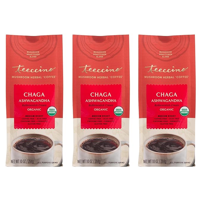Teeccino Chaga Ashwagandha Coffee Alternative - Butterscotch Cream - Organic, Adaptogenic Herbal Mushroom Coffee, Medium Roast, Caffeine Free, Prebiotic, Acid Free, Gluten Free - 10 oz, Pack of 3