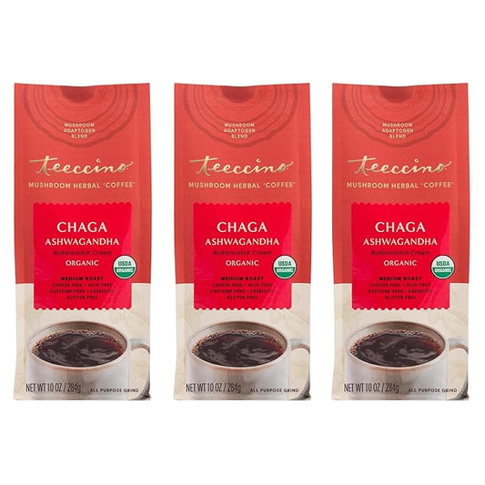 Teeccino Chaga Ashwagandha Coffee Alternative - Butterscotch Cream - Organic, Adaptogenic Herbal Mushroom Coffee, Medium Roast, Caffeine Free, Prebiotic, Acid Free, Gluten Free - 10 oz, Pack of 3
