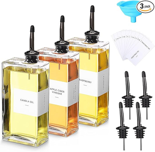 3 Sets Olive Oil Dispenser Bottles for Kitchen with Nozzles Funnel Labels Cooking Oil Dispenser 500ml Set for Kitchen Vinegar Coffee Syrup (Black)