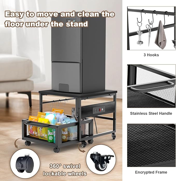 Mini Fridge Stand with Storage and Wheels, Heavy Duty Mini Fridge Table with Power Outlets for 220LBS Refrigerator, Rolling Fridge Cart with Large Capacity Drawer for Dorm,Office,Bedroom (Black)