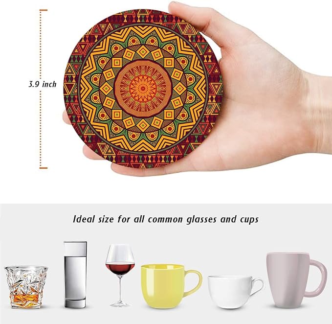 Britimes Coaster for Drinks Set of 6, Africa Mandala Circular Colorful Table Absorbent Round Ceramic Stone Mat, with Cork Base and Metal Holder, Gift for Housewarming Room Bar Decor