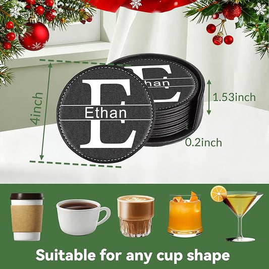 Custom Leather Coaster, Personalized Set of 6 Coasters for Drinks with Holder, DIY Logo Name Image, Durable, Non-Slip, Waterproof Leather Coaster for Home, Office, Bar, Cup Housewarming