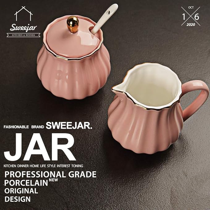 Sweejar Royal Ceramic Sugar and Creamer Set, 3 Piece Set with Cream Pitcher, Sugar Bowl, Sugar Set with Lid & Spoon, Coffee Serving Set Wedding Gift(Pink)