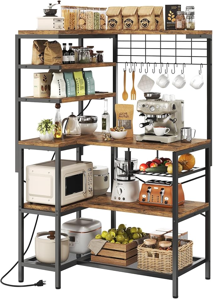 iabifo L-Shaped Bakers Rack with Power Outlet, 6-Tier Microwave Stand with Open Storage, Coffee Bar with Hooks, Mesh Grid, Kitchen Shelf with Wire Basket, Rustic Brown and Black