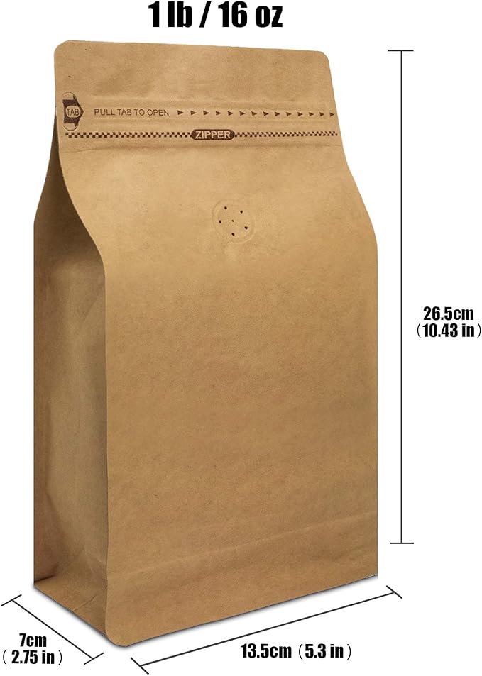 Natural Kraft Coffee Pouches, Resealable Coffee Bag with valve, Flat Bottom Pull Tab Zipper (50pcs, 16oz, 1lb, 454gram)