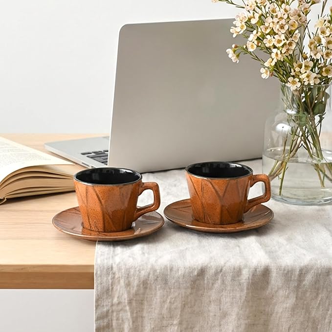 MyBudsBuzz Ceramic Espresso Cups with Saucers 6 oz,Coffe Cups for Cappuccino,Latte,Tea with Saucers Set of 2 - Geometry - Brown