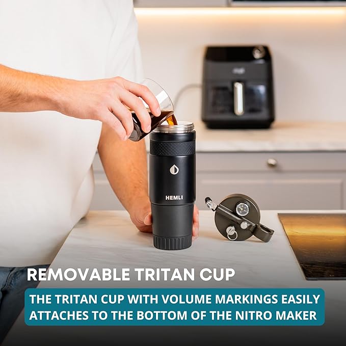 Nitro Cold Brew Coffee Maker 12 oz Ceramic-Lined, Tritan Cup, Pressure Gauge, Stores 3 Nitrogen Gas Bulbs Custom Designed for Cold Brew and Nitro Drinks