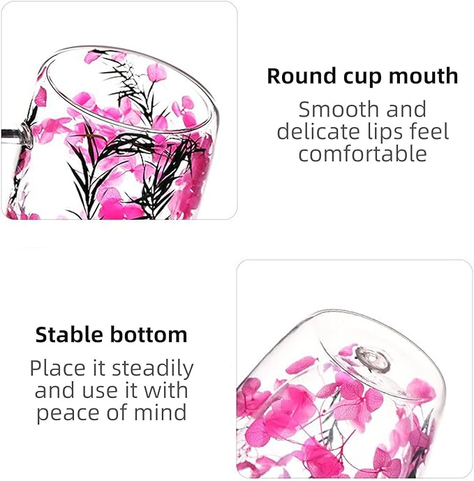Creative Flowers Double Wall Clear Glass Coffee Mug with Handle, Aesthetic Dried Flowers Coffee Mug, Clear Double Insulated Glass Cup for Hot and Cold Beverages, Cappuccino, (A)