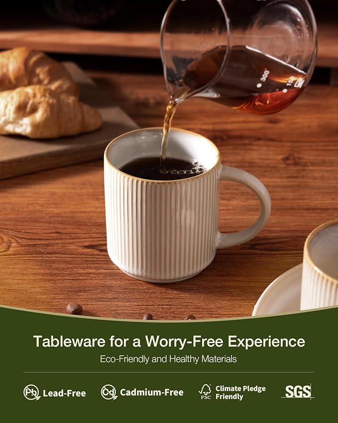 famiware Coffee Mug Set for 8, Star 12 oz Catering Mugs Cup Set with Handle for Coffee, Tea, Cocoa, Milk - Ceramic Stoneware Drinkware Set, Cappuccino White