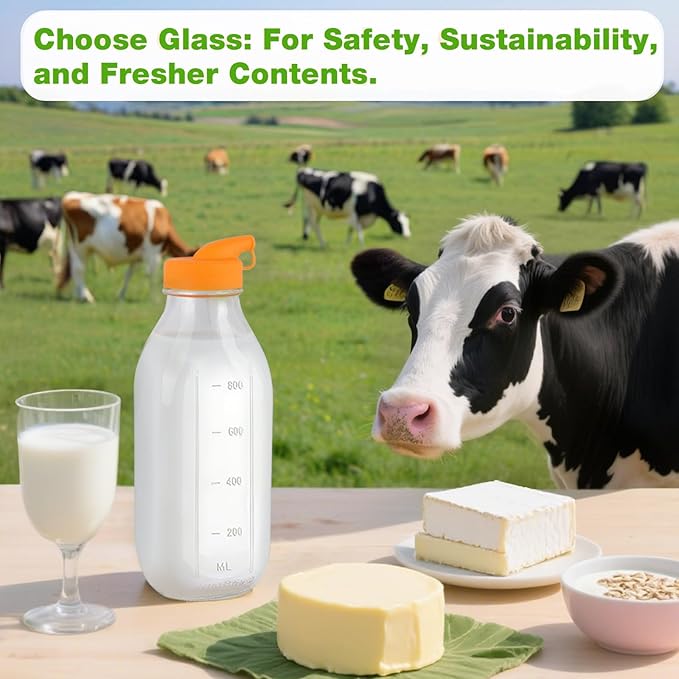 32 Oz Glass Milk Bottles, 2 Pack Scale Mark Drinking Jug with 2 Nut Milk Bags& Airtight Screw Lid & Silicone Pour Cap& Stickers, 1 Quart Reusable Juice Bottle Water Pitcher for Coffee Yogurt