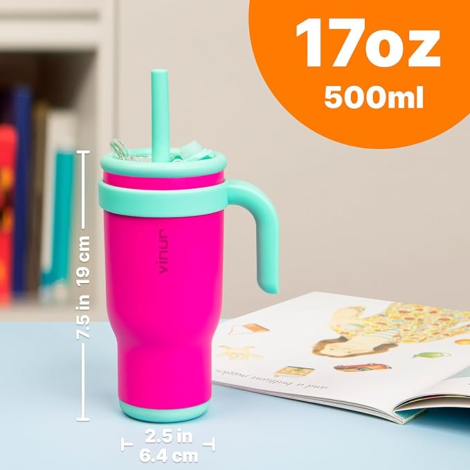 VINUR Insulated Tumbler with Handle 17 oz Stainless Steel Double Wall Vacuum Tumbler Travel Water Cup with Lid and Straw(Rose Pink)