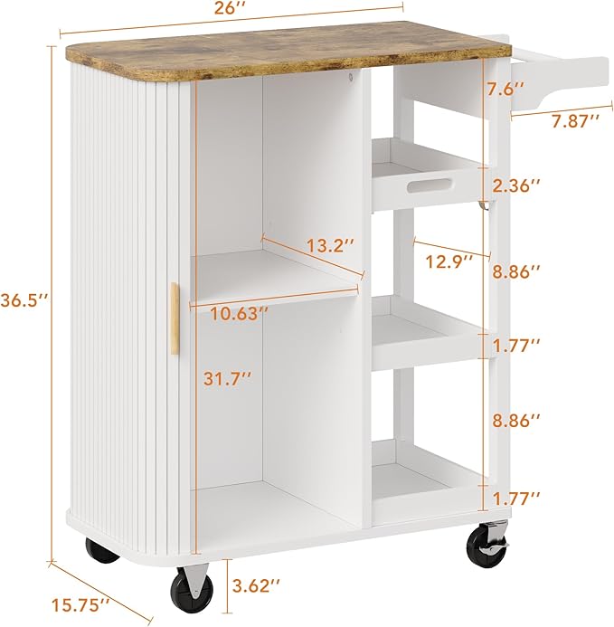 Small Rolling Kitchen Island Cart with Sliding Doors, 35.3“ Mobile Kitchen with Storage, Adjustable Height Shelves, Locking Casters Storage Island Table for Kitchen, Living Room, Dining Room（White）