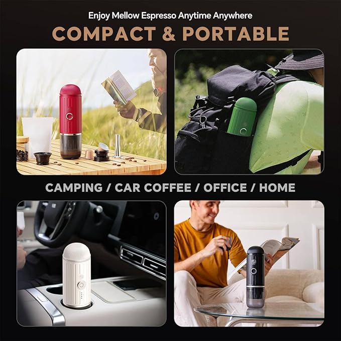 Portable Espresso Machine with 3-4 Min Self-heating, 12V Rechargeable Electric 2-in-1 Coffee Machine Compatible with NS Capsules and Ground Coffee for Car Camping Travelling Office Home , Green