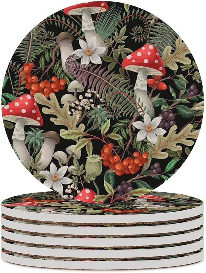 Round-6PCS Botanical Drink Coasters, Round Modern Ceramic Absorbent Coasters, Wild Floral Botanical Mushroom Nature Plants Herbs Decor Desk Coffee Table Coaster for Beverage Cup Tea Coasters