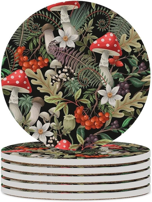 Round-6PCS Botanical Drink Coasters, Round Modern Ceramic Absorbent Coasters, Wild Floral Botanical Mushroom Nature Plants Herbs Decor Desk Coffee Table Coaster for Beverage Cup Tea Coasters