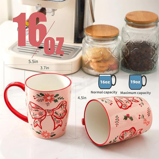 HASENSE Coffee Mugs Set of 4,16oz Ceramic Cups with Handle for Kitchen,Pink Bow Valentine's Day Latte Mugs for Hot Cocoa,Tea,Milk & Latte,Large Festive Stylish Mug Gift,Microwave and Dishwasher Safe