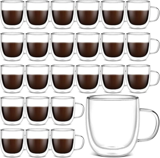 Gerrii Double Walled Glass Coffee Mugs with Handle 10 oz Insulated Borosilicate Glass Cappuccino Mugs Clear Espresso Cups for Home Office Coffee Tea Espresso Latte Milk and Hot Cold Beverages(24 Pack)