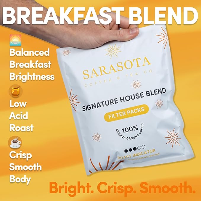 Sarasota Coffee Filter Packs | Medium Roast Breakfast Blend | Low Acid Pouches Gourmet Sampler Gift Set Ground Coffee in Filters | Bulk Individual Packets for 12 Cup Coffee Maker | 2 oz Bags, 12 Count