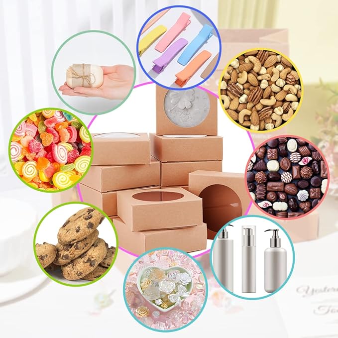 BENECREAT 24 Packs Brown Kraft Square Paper Boxes Gift Wrapping Box with Round Clear Window 3x3x1.2 for Homemade Soap, Party Favor Treats and Jewelry Packaging