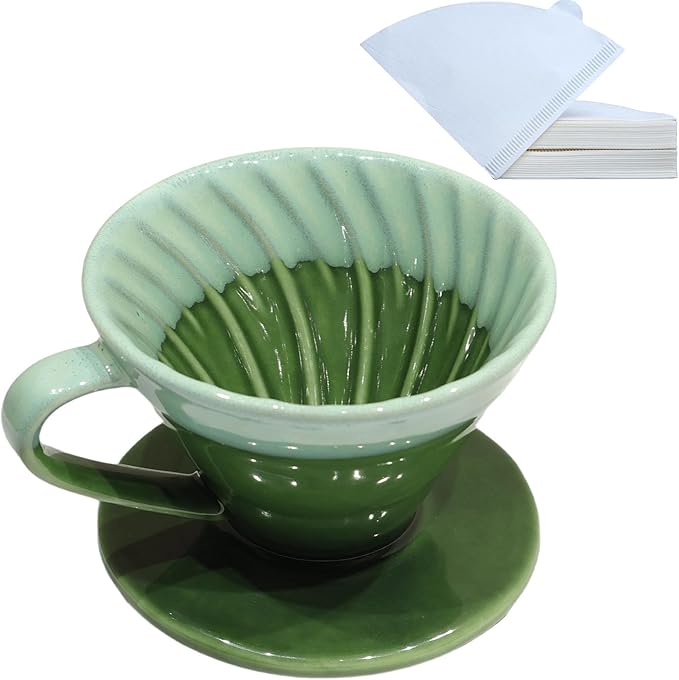Ceramic Pour Over Coffee Dripper with 50 pcs coffee filters - Portable Drip Coffee Brewer for Travel, Camping, Office or Home - Artisanal Pottery Gift for Enthusiasts