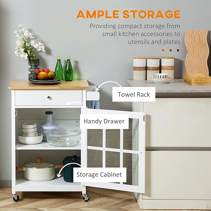 HOMCOM 27" Rolling Kitchen Island Cart with Drawer and Glass Door Cabinet, Kitchen Trolley with Adjustable Shelf and Towel Rack, White