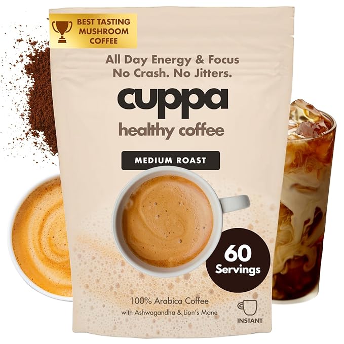 Cuppa Medium Roast Mushroom Coffee with Adaptogens & Superfoods - Lion’s Mane, Ashwagandha & Cordyceps. Adaptogens + MCT to support natural energy, mental focus & gut health (60 Servings)