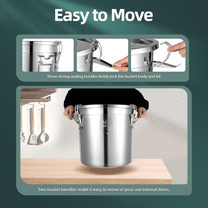 21L/4.62gal Stainless Steel Airtight Canister, Food Storage Canisters with Airtight Lid&Locking Clamp, Rice Cereal Grain Canisters Container, Storager Bucket for Flour, Coffee Bean, Sugar, Cookie