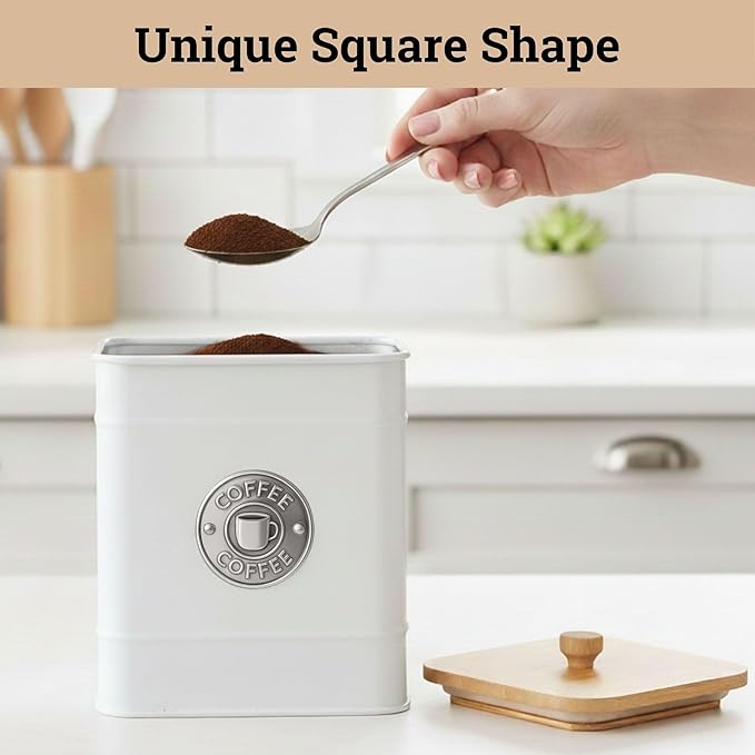 Airtight Coffee Canister - 40 oz Large Iron White Coffee Container Airtight - 6 x 8 inch Metal Jar - Stylish Countertop Container for Grounds, Beans, Pods & More with Rubber-Lined Bamboo Lid