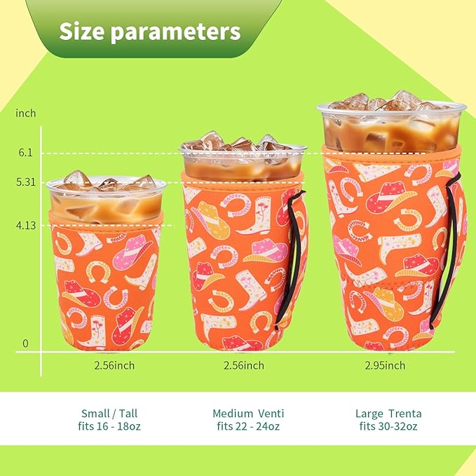 3 Pack Iced Coffee sleeve Insulated Neoprene Cup Sleeves with handle For Cold Drinks Beverages, Reusable Cup Holder for 16oz-32oz Coffee Cups (Cowgirl Fashion)