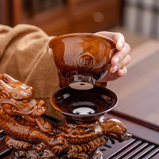 Ceramic Teapot with Infuser Semi Automatic Tea Set Magic Teapot with 8 cups Gradient Color (Yellow Dragon- B)